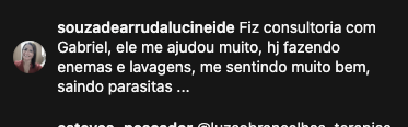 Captura de comentário no Instagram com relato pessoal após consultoria, enemas e lavagens